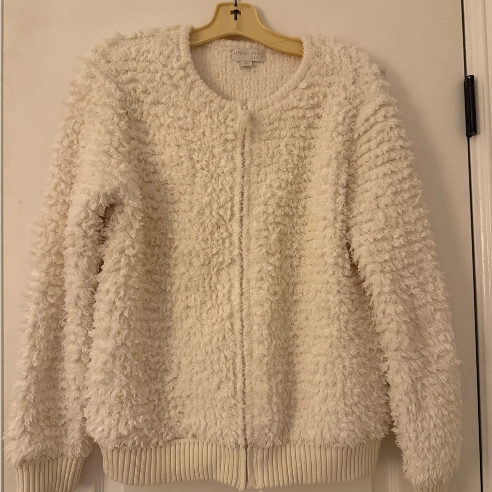 Barefoot Dreams CozyChic Loop Fringe Cream Teddy Zip Up Jacket $245 NWOT